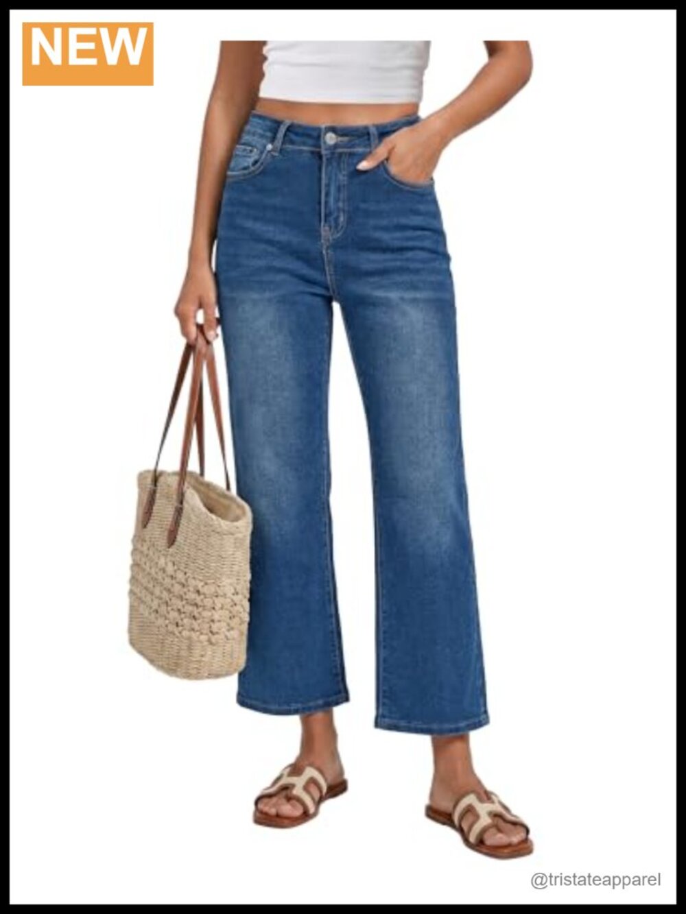 High Waisted Loose Straight Leg Stretchy Denim Cropped Jeans with Pockets